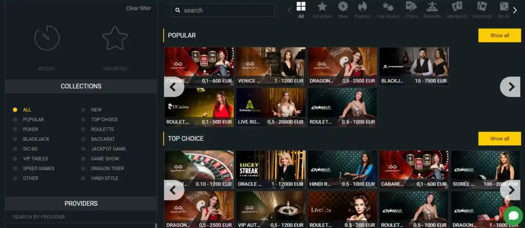 Betwinner casino games lobby